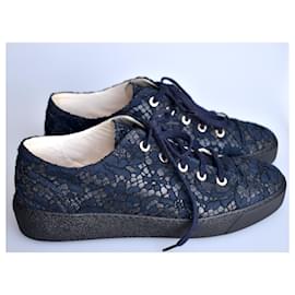 Chanel-Leather and lace shoes-Blue,Dark blue