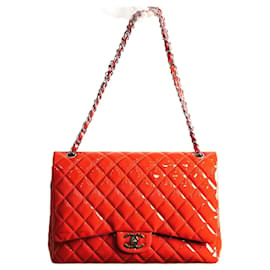 Chanel-Chanel Maxi Red and Fuchsia Pink Patent Leather lined Flap Timeless Classic Bag with silver hardware-Red,Fuschia