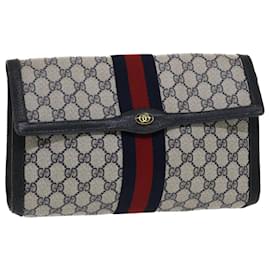 Gucci-GUCCI GG Canvas Sherry Line Clutch Bag PVC Leather Navy Red Auth 49081-Red,Navy blue