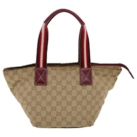 Gucci-GUCCI GG Canvas Sherry Line Hand Bag Canvas Beige Red White 131228 auth 49286-White,Red,Beige