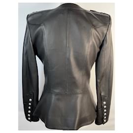 Balmain-Balmain Slim Fit lined Breasted Leather Blazer/Jacket in Black-Black