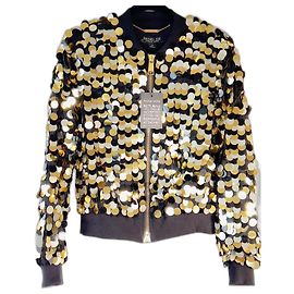 RACHEL ZOE  RIBBED-JERSEY TRIMMED SEQUINED CREPE BOMBER JACKET IN GOLD Golden