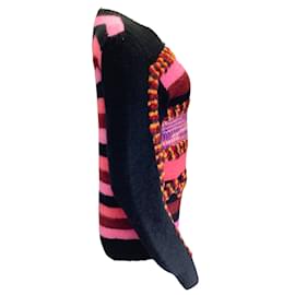 Autre Marque-The Elder Statesman Black / Pink Multi Hand Knit 3D Mantra Crewneck Sweater-Black