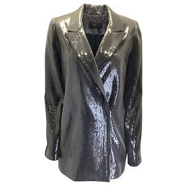 RTA Black Glass Sequined Moto Zip Blazer Jacket Black