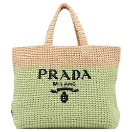 Prada-Prada Brown Raffia Logo Tote Bag-Brown,Beige