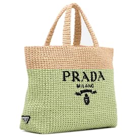 Prada-Prada Brown Raffia Logo Tote Bag-Brown,Beige