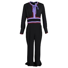 Diane Von Furstenberg-Diane von Furstenberg Elkie Tie-Neck Long-Sleeve Jumpsuit in Black Silk-Black