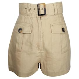 Zimmermann-Zimmermann Belted High-Waist Shorts in Beige Linen-Brown,Beige