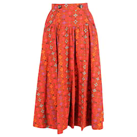 Autre Marque-Saloni Della Floral-print Gathered Midi Skirt in Red Cotton-Other