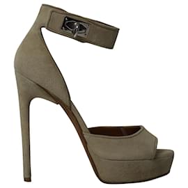 Givenchy-Givenchy Shark Lock High-Heeled Sandals in Khaki Suede-Green,Khaki