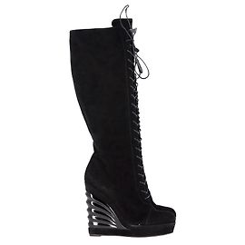 Saint Laurent Lace-Up Knee High Wedge Boots in Black Suede Black