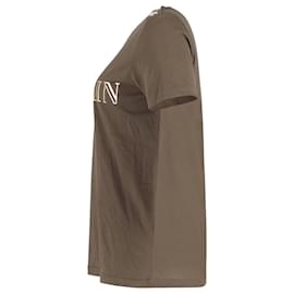 Balmain-T-shirt Balmain à logo métallisé avec boutons dorés sur l'épaule en coton kaki-Vert,Kaki