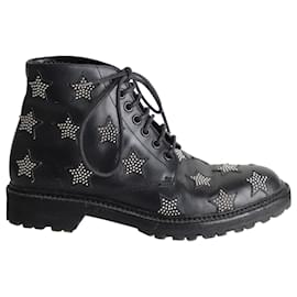 Saint Laurent-Saint Laurent Star Studded Lace-Up Combat Boots in Black Leather -Black