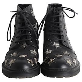 Saint Laurent-Saint Laurent Star Studded Lace-Up Combat Boots in Black Leather -Black