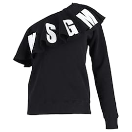 Msgm-MSGM Logo Print One-Shoulder Ruffled Sweatshirt in Black Cotton-Other