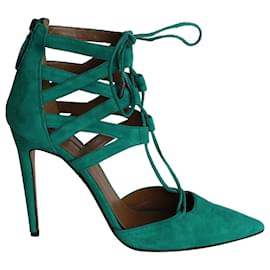 Aquazzura-Aquazzura Belgravia Lace-Up Pumps in Green Suede -Green