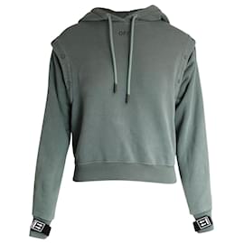 Off White-Off-White Hoodie Detachable-Sleeves Hooded Sweater in Khaki Cotton-Green,Khaki