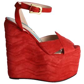 Gucci Sally Platform Wedge Sandal in Red Suede  Red