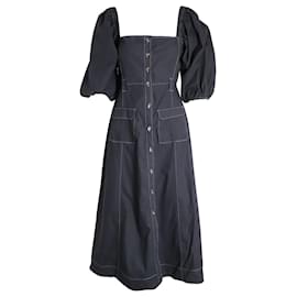 Ganni-Ganni Topstitched Midi Dress in Black Organic Cotton -Black