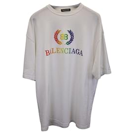 Balenciaga-Balenciaga Laurier Rainbow Logo T-Shirt in White Cotton-White