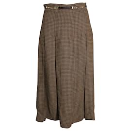 Gucci-Gucci Pleated Checkered Midi Skirt in Brown Linen-Brown