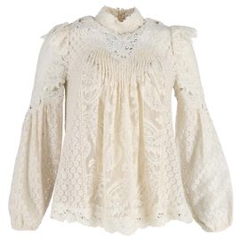 Blusa Zimmermann Concert de renda plissada de manga comprida em algodão creme Branco Cru