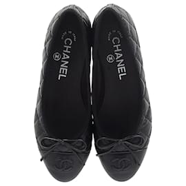 Chanel-Chanel CC Cap Toe Bow Quilted Ballet Flats in Black Leather-Black