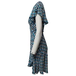 Diane Von Furstenberg-Diane Von Furstenberg Robe portefeuille à volants et imprimé cubique en viscose bleue-Bleu