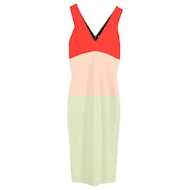 Victoria Beckham-Victoria Beckham Color Block V-neck Sheath Midi Dress in Orange and Nude Viscose-Orange