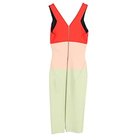 Victoria Beckham-Victoria Beckham Color Block V-neck Sheath Midi Dress in Orange and Nude Viscose-Orange