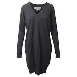 Vince-Vince Long-Sleeve V-Neck Sweater Dress w/ Pockets in Dark Grey Wool -Grey