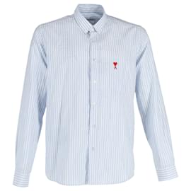 Ami Paris-AMI Paris – Gestreiftes Button-Down-Hemd „Ami de Coeur“ mit Logo aus hellblauer und weißer Baumwolle-Blau,Hellblau