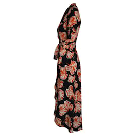 Ganni-Robe portefeuille mi-longue Ganni en soie noire et orange-Multicolore