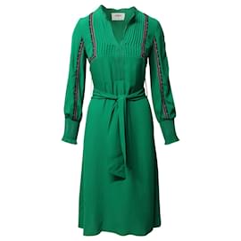 Ba&Sh-Ba&Sh Pleated Long Sleeve Midi Dress in Green Viscose-Green