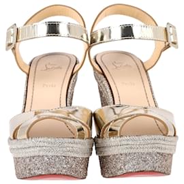 Christian Louboutin-Christian Louboutin Metallic Almeria 120 Espadrille Wedge Sandals in Gold Patent Calfskin Leather-Golden,Metallic