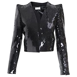 Saint Laurent-Saint Laurent Sequin Blazer Jacket in Black Polyester-Black