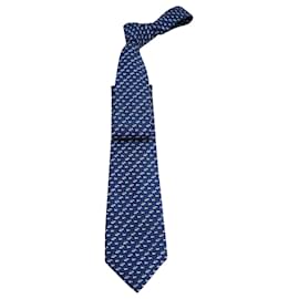 Hermès-Gravata Hermes com Estampa de Cavalo e Cisne em Seda Azul Marinho-Azul,Azul marinho