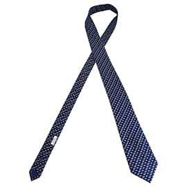 Hermès-Gravata Hermes com Estampa de Cavalo e Cisne em Seda Azul Marinho-Azul,Azul marinho