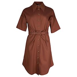 Victoria Beckham-Victoria Victoria Beckham Ponti Logo-Embroidered Mini Shirt Dress in Brown Cotton-Brown