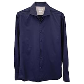 Brunello Cucinelli-Brunello Cucinelli Slim Fit Shirt in Navy Blue Cotton-Navy blue