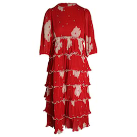Ganni-Vestido midi escalonado de poliéster reciclado con estampado floral rojo de Ganni-Roja