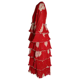 Ganni-Gestuftes Midikleid von Ganni aus recyceltem Polyester mit rotem Blumendruck-Rot
