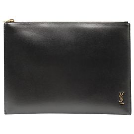 Saint Laurent Cassandre Tablet-Halter mit Reißverschluss aus schwarzem, glänzendem Leder Schwarz