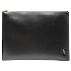 Saint Laurent-Saint Laurent Cassandre Zipped Tablet Holder in Black Shiny Leather-Black