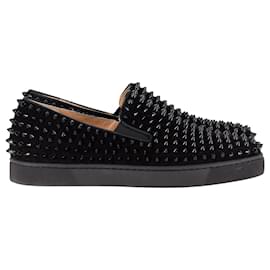 Christian Louboutin-Christian Louboutin Roller Boat Spiked Slip-On Sneakers in Black Suede -Black