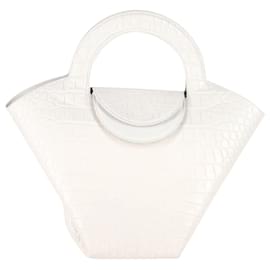 Bottega Veneta-Bottega Veneta Croco-embossed Medium Doll Bag in White Calfskin Leather-White