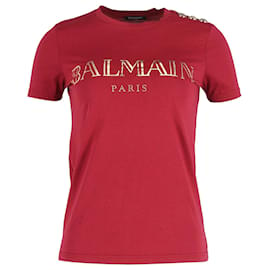 Balmain-Balmain Metallic Logo Print T-shirt in Red Cotton-Red