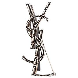 Saint Laurent Crocodile Textured YSL Brooch in Silver Metal Silvery