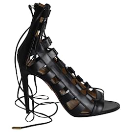 Aquazzura-Aquazzura Amazon Lace-Up Ankle-Wrap Sandals in Black Leather-Black