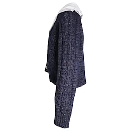 Ganni-Cardigan in maglia a trecce con collo in popeline decorato corto Ganni in lana blu navy-Blu navy